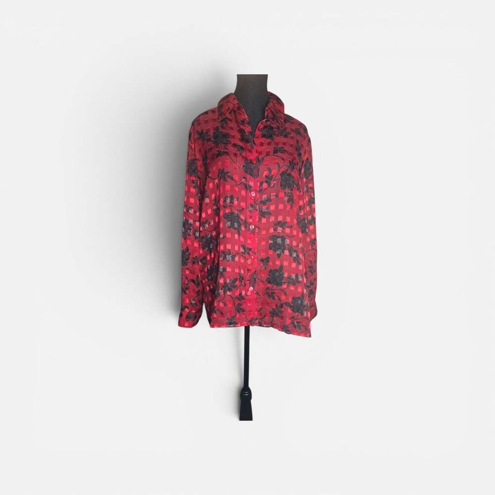 Notations Red and Black Floral Sheer Checkered Long Sleeve Button-Up Blouse